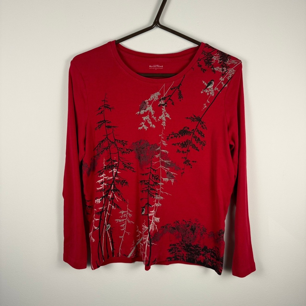Northern Reflections Red Nature Graphic Long Sleeve Tee Birds Pine Trees Large